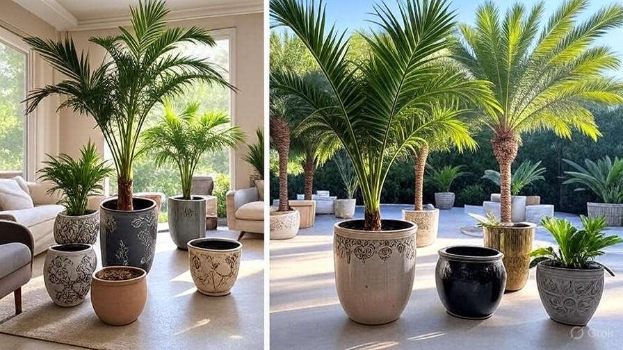 Indoor and outdoor spaces filled with decorative potted plants, showcasing various styles and sizes of planters.