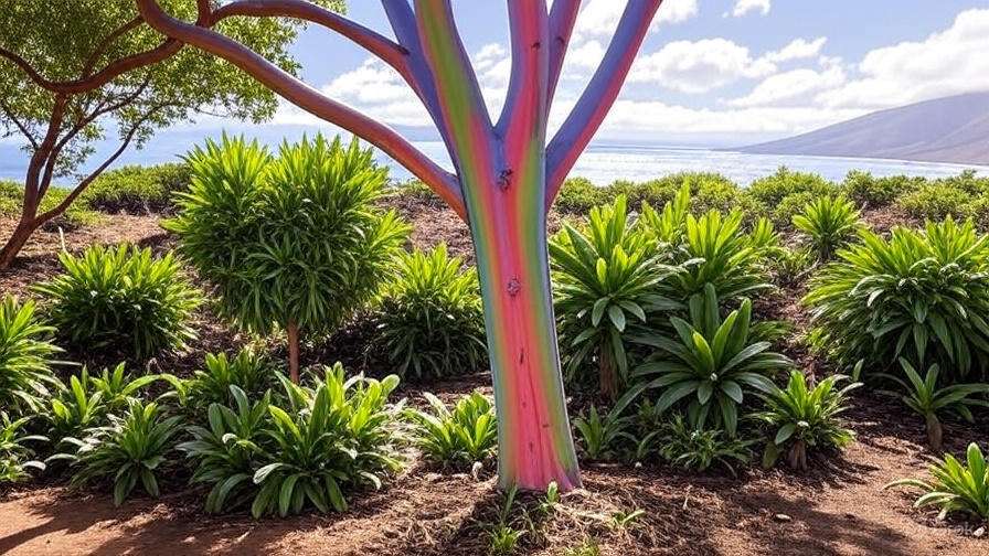 A vibrant rainbow eucalyptus tree stands amid lush green foliage, with a scenic ocean view in the background under a blue sky.