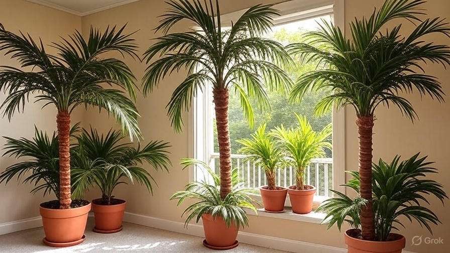 A bright room with large palm trees in clay pots, flanking a window with smaller plants on the sill, creating a tropical ambiance.