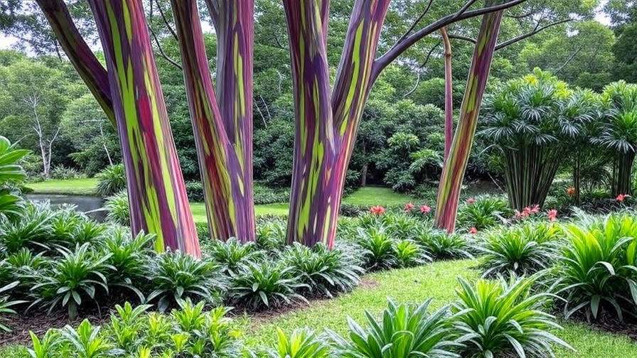 Colorful rainbow eucalyptus trees rise amidst vibrant green foliage and tropical plants in a lush garden setting.