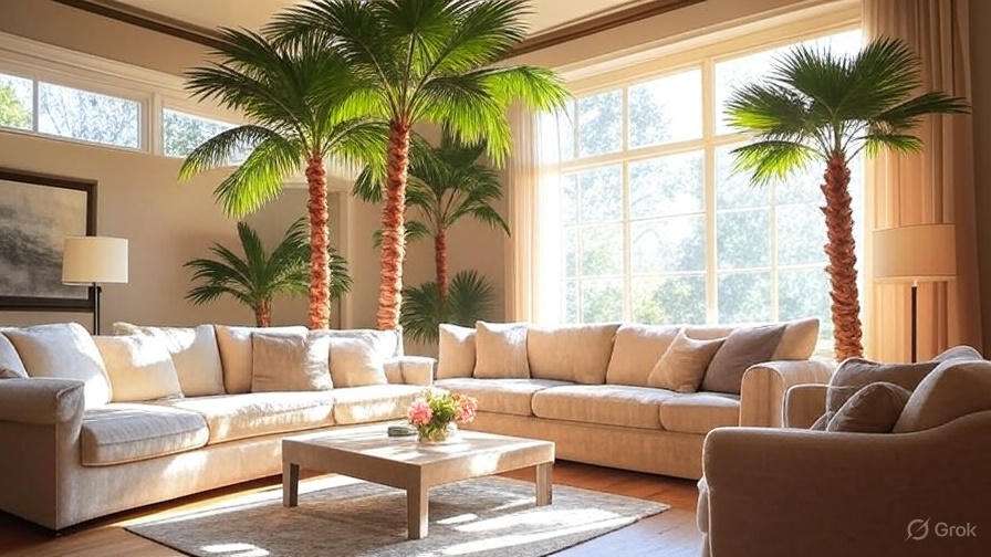 Bright living room featuring a spacious beige sectional sofa, palm trees, large windows, and a floral centerpiece on a light wooden table.