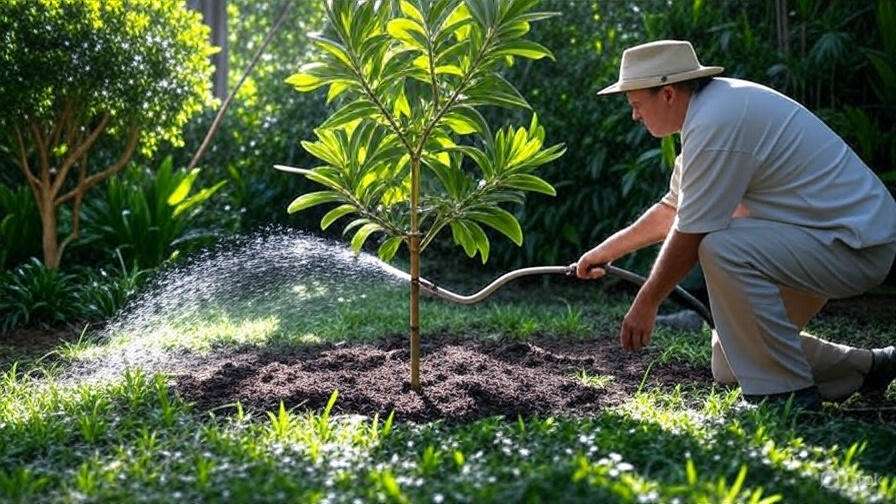 A person in a hat waters a small tree in a lush garden, surrounded by greenery and sunlight filtering through the leaves.