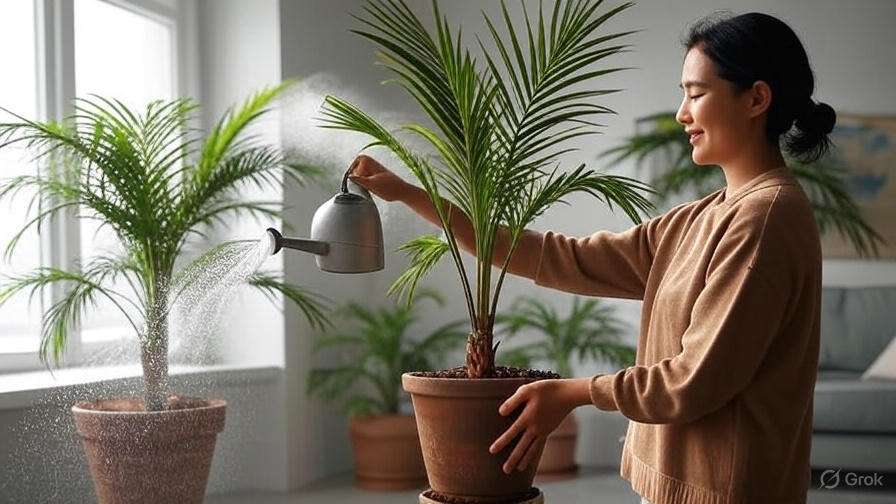 A person waters a potted palm plant with a metal watering can in a bright, modern room filled with greenery.
