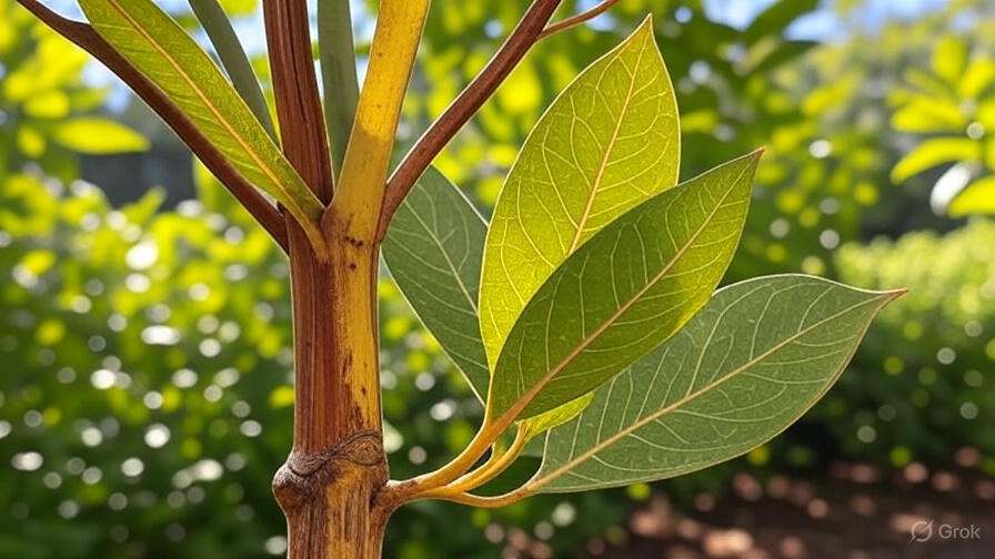 Close-up of vibrant green leaves growing on a slender, textured stem, surrounded by softly blurred greenery in the background.
