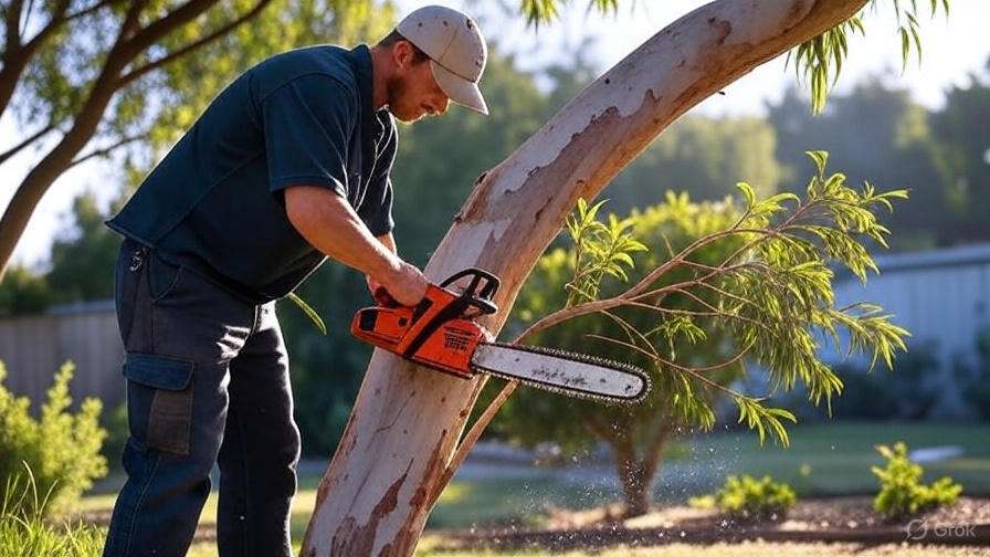 A man with a chainsaw cuts down a tree, highlighting the process of tree removal in a natural setting.
