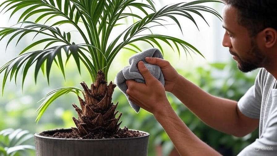  A man carefully cleans the leaves of a potted plant, ensuring it remains healthy and vibrant.