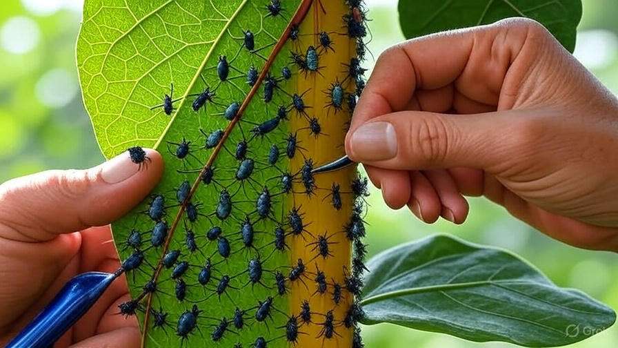 A close-up of a person holding a leaf, which has multiple bugs visible on it, highlighting biodiversity