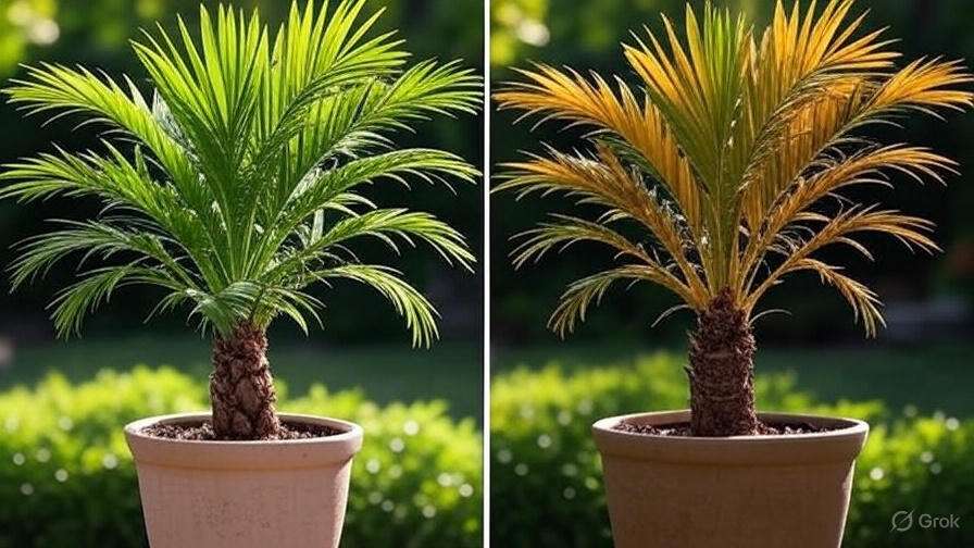 Two separate pictures of a palm tree in a pot, illustrating variations in perspective and presentation.