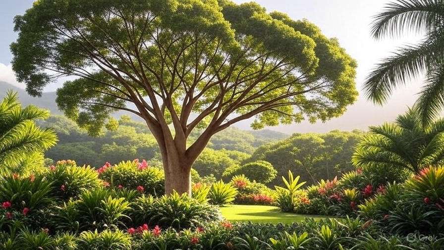 A vibrant tropical garden featuring lush green grass and tall trees under a clear blue sky.