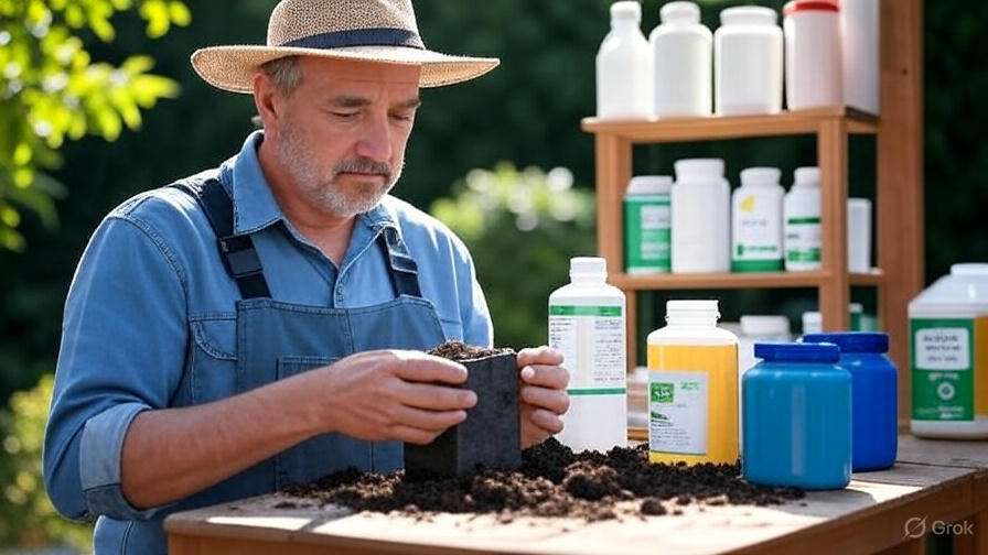 A person in a straw hat holds a potting container filled with soil, surrounded by various gardening supplies on a table.