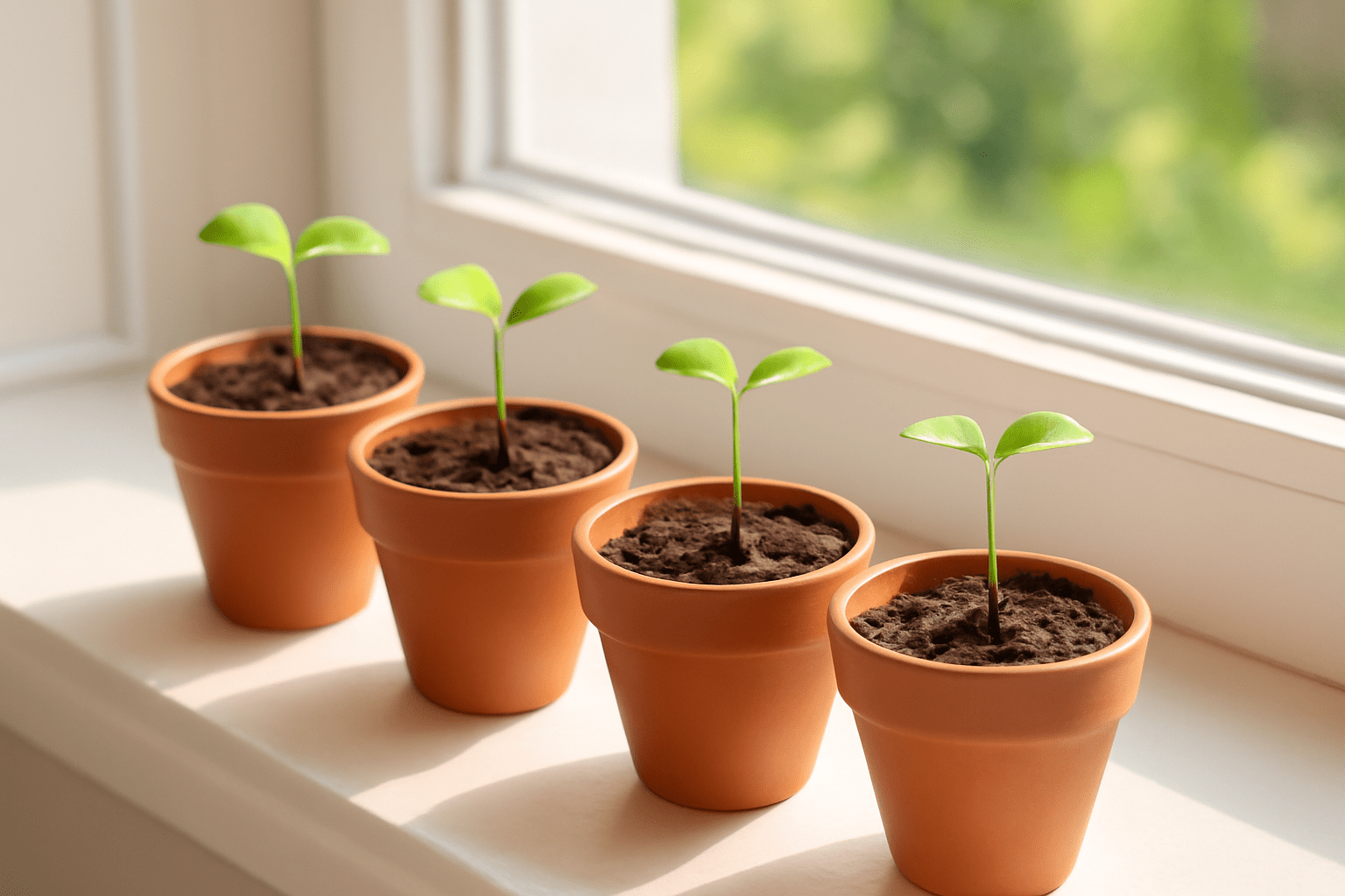 Five small green seedlings in terracotta pots sit on a sunny windowsill, surrounded by soft natural light.