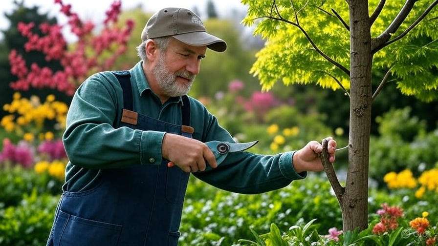 A gardener in overalls carefully trims a small branch from a tree surrounded by vibrant flowers and greenery.