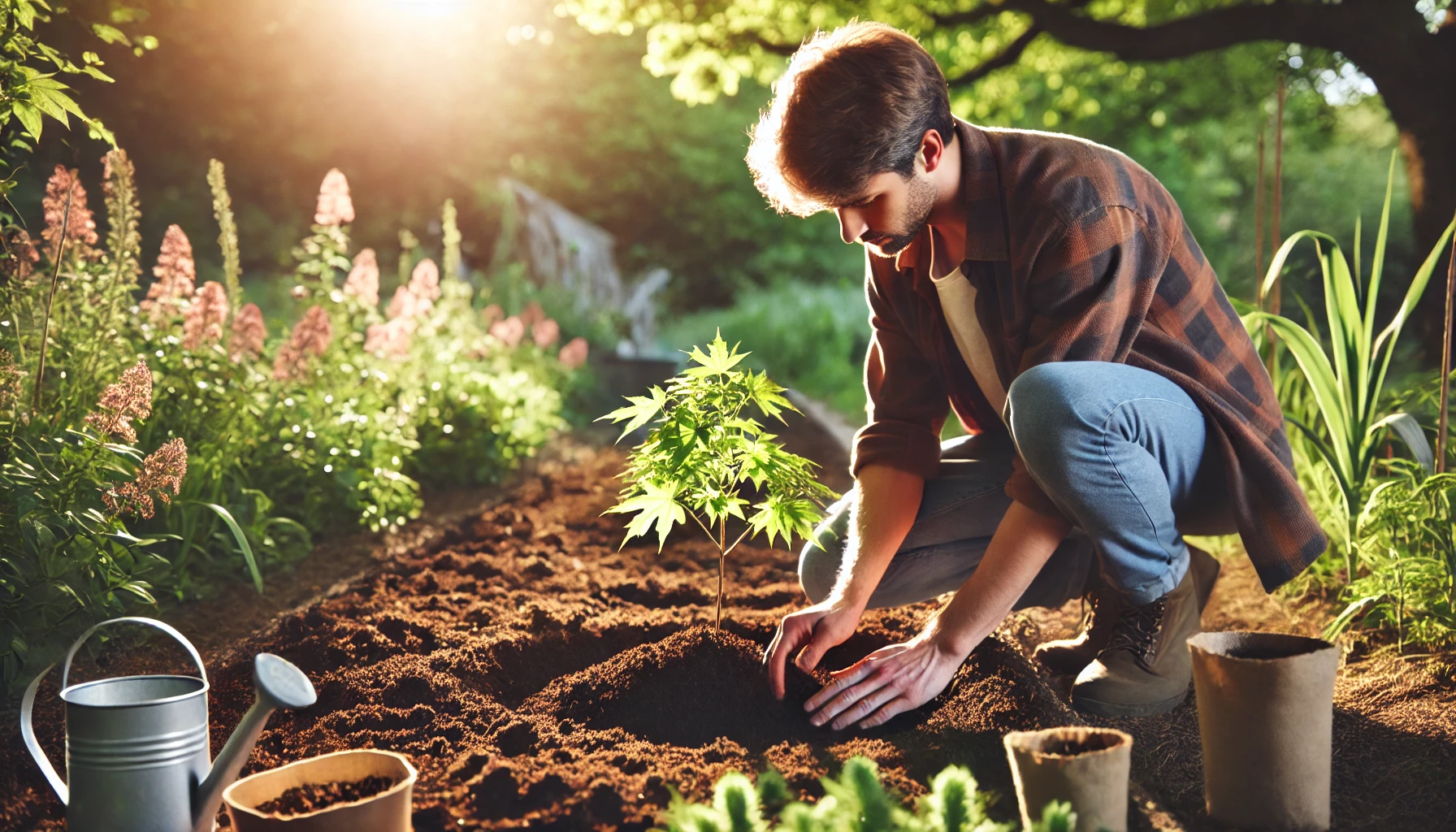 A person kneels in a garden, planting a small maple tree surrounded by vibrant flowers, tools, and natural sunlight.