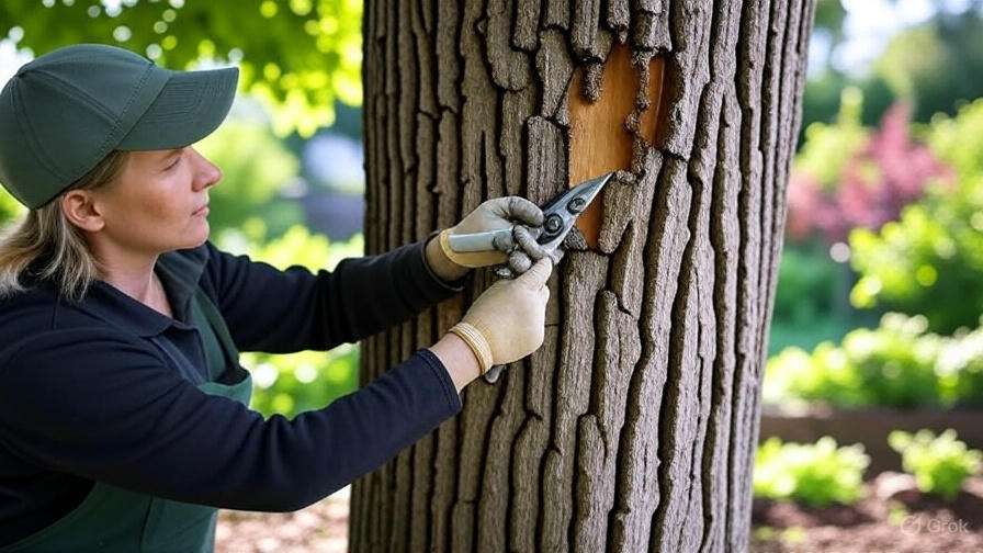 A person in gloves and a cap is trimming a tree, revealing a section of smooth wood beneath the tree's textured bark.