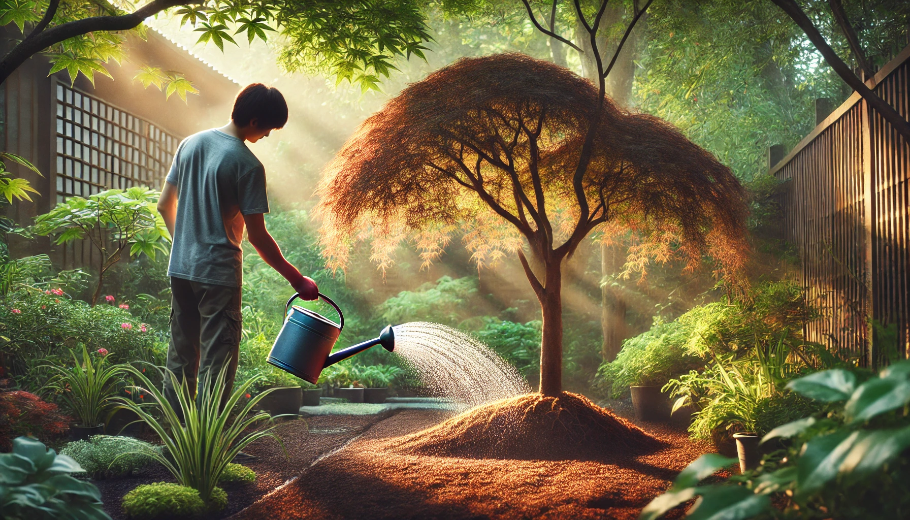 A person waters a young tree in a lush garden, illuminated by soft sunlight filtering through leaves, creating a serene atmosphere.