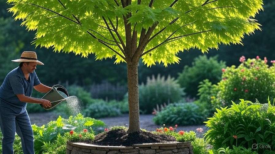 A person in a straw hat waters a vibrant green tree surrounded by lush gardens full of colorful flowers and greenery.