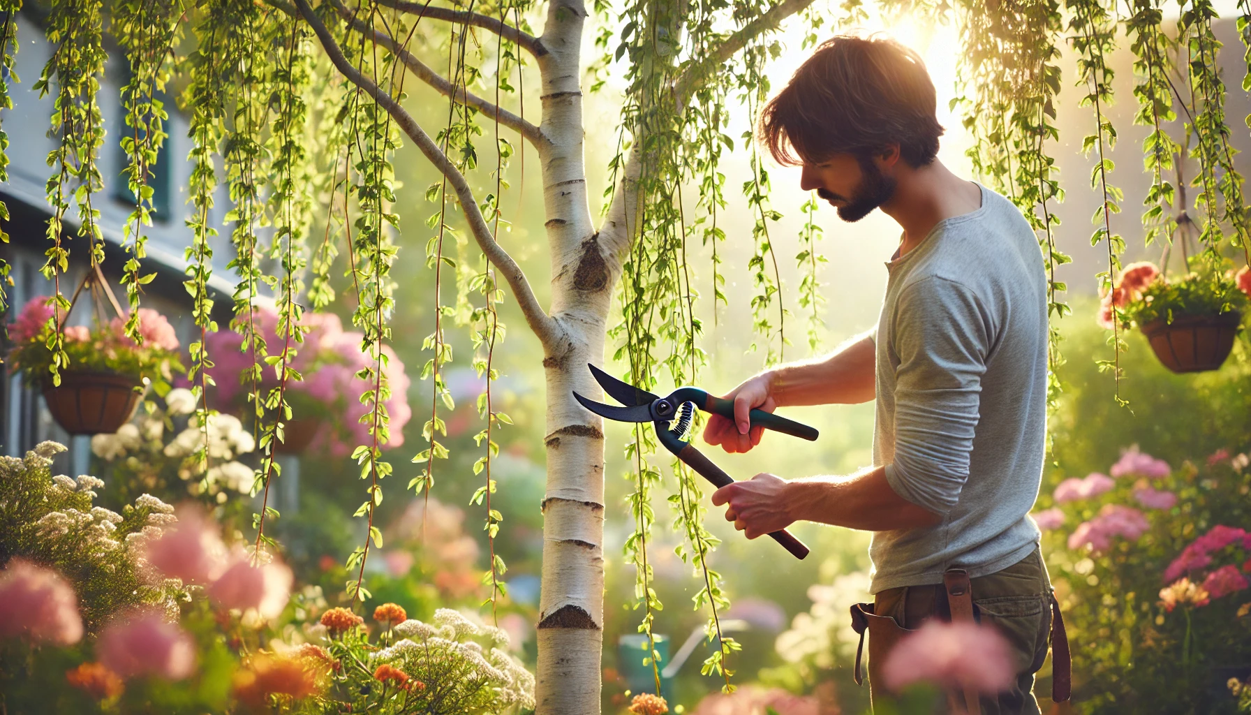 A gardener trims a tree with pruning shears in a vibrant, sunlit flower garden filled with colorful blossoms and hanging plants.