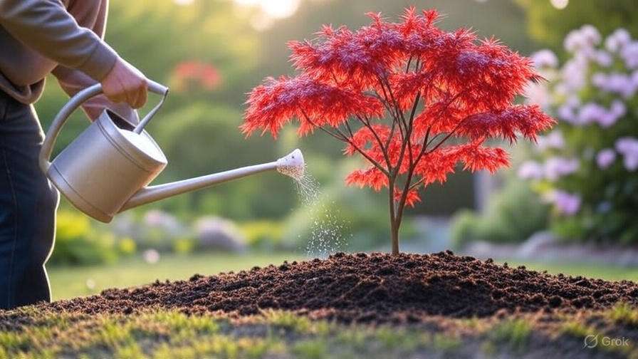 A person in a gray sweater waters a small red maple tree with a silver watering can in a sunny garden setting.