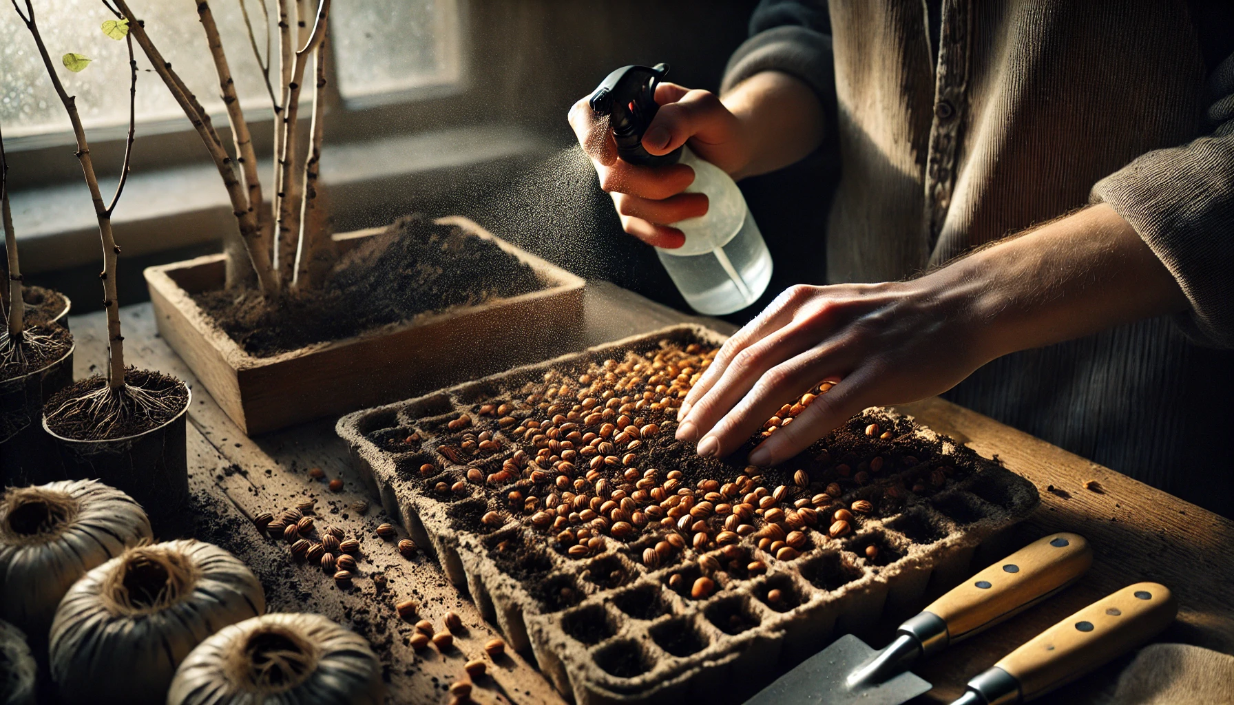 A person sprays water on soil-filled trays of seeds, surrounded by small pots and gardening tools, in a sunlit indoor garden.