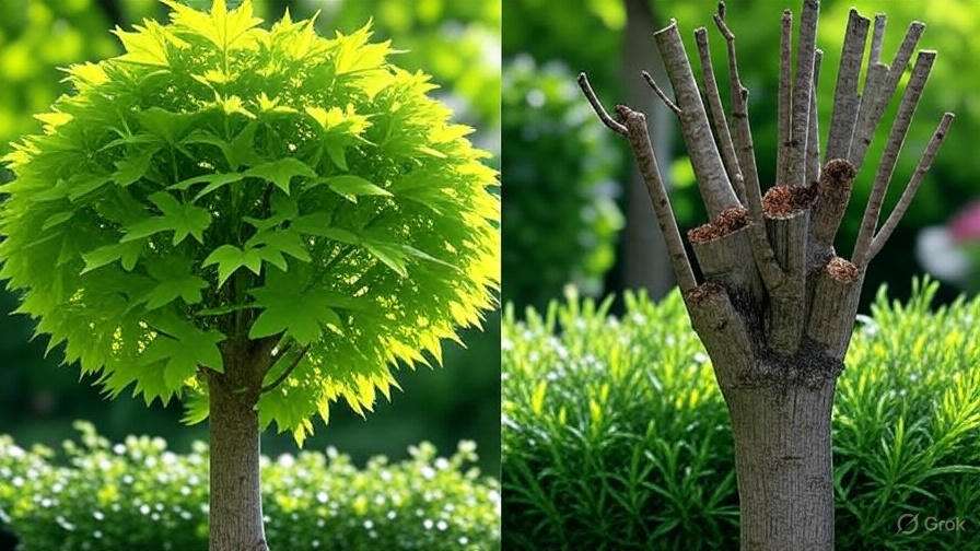 A vibrant green tree with a rounded canopy stands beside a barren tree stump with jagged branches, contrasting life and decay.