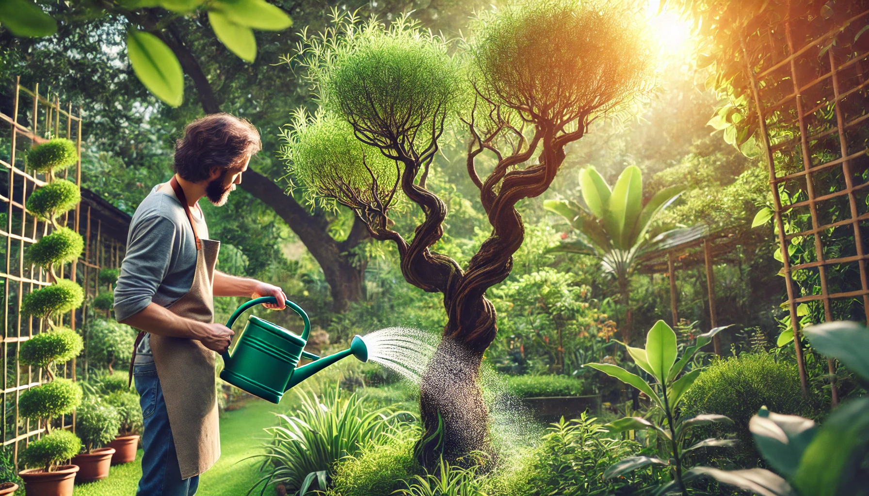 A person waters a beautifully shaped, twisted tree in a vibrant garden filled with lush greenery and various plants, illuminated by sunlight.