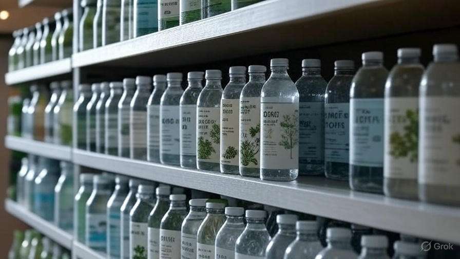 A shelf filled with various bottles of flavored water, showcasing herbal and botanical ingredients on vibrant labels.