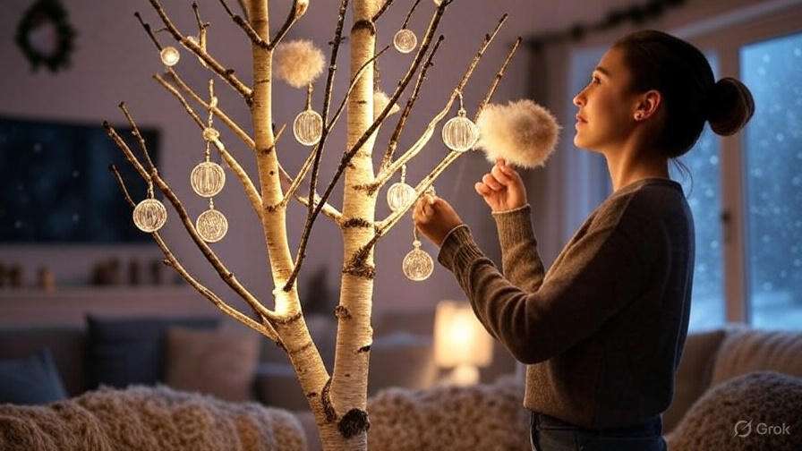 A cozy indoor scene featuring a woman decorating a lit birch tree with delicate ornaments, enhancing the festive atmosphere.