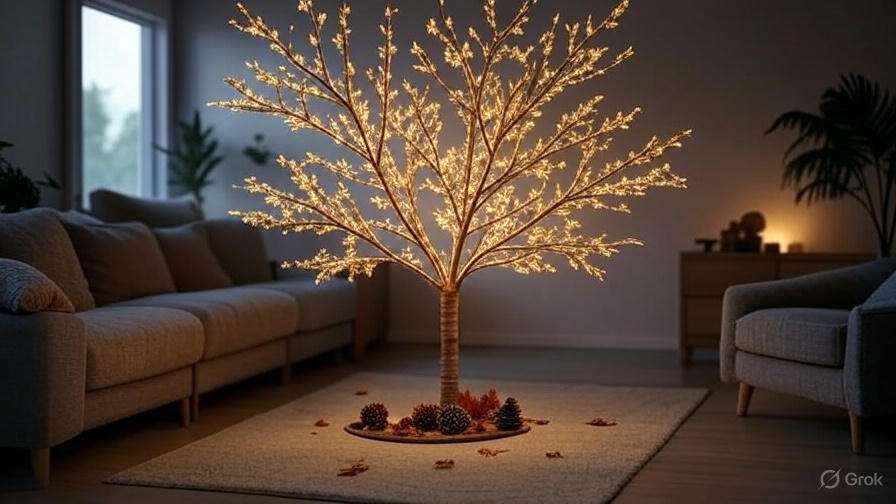 A glowing decorative tree with lights stands in a cozy living room, surrounded by pine cones and autumn leaves on a rug.