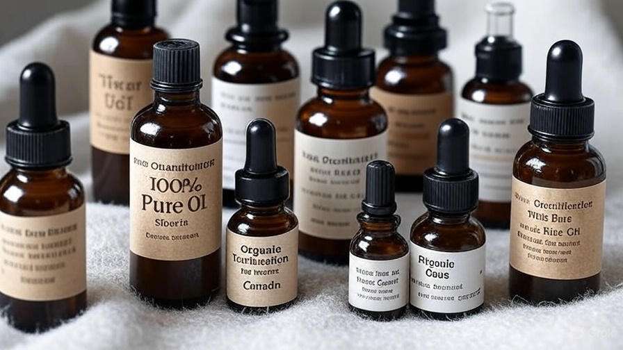 A variety of amber glass bottles with dropper tops, each labeled with different essential oils and serums, arranged on a soft surface.