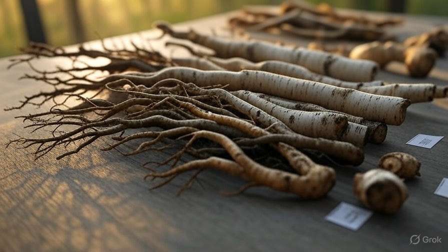 A collection of various roots displayed on a table, showcasing their unique textures and shapes against a softly blurred background.