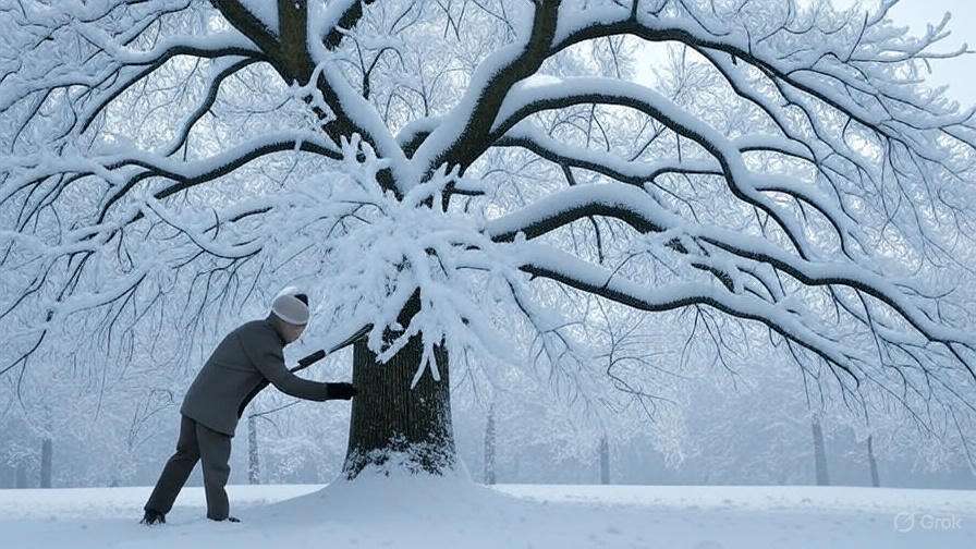 A person in winter attire gently touches a snow-covered tree in a serene, snowy landscape, with soft snowflakes blanketing the ground.