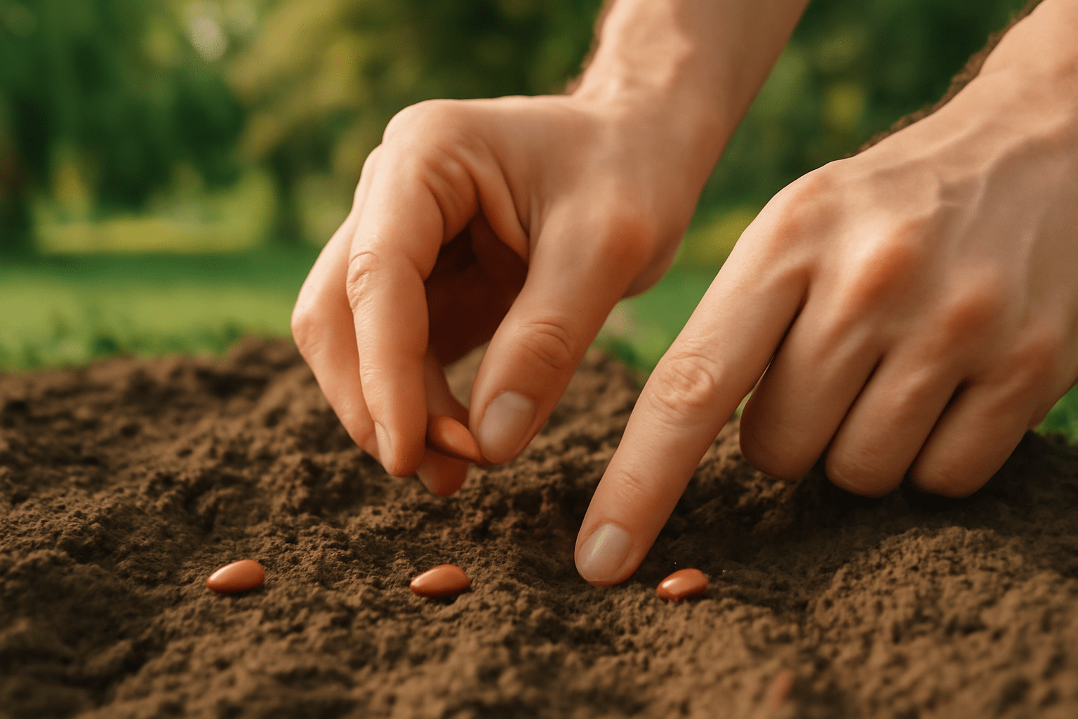 Hands gently planting seeds in rich, dark soil with a blurred green background, suggesting a nurturing and hopeful gardening activity.