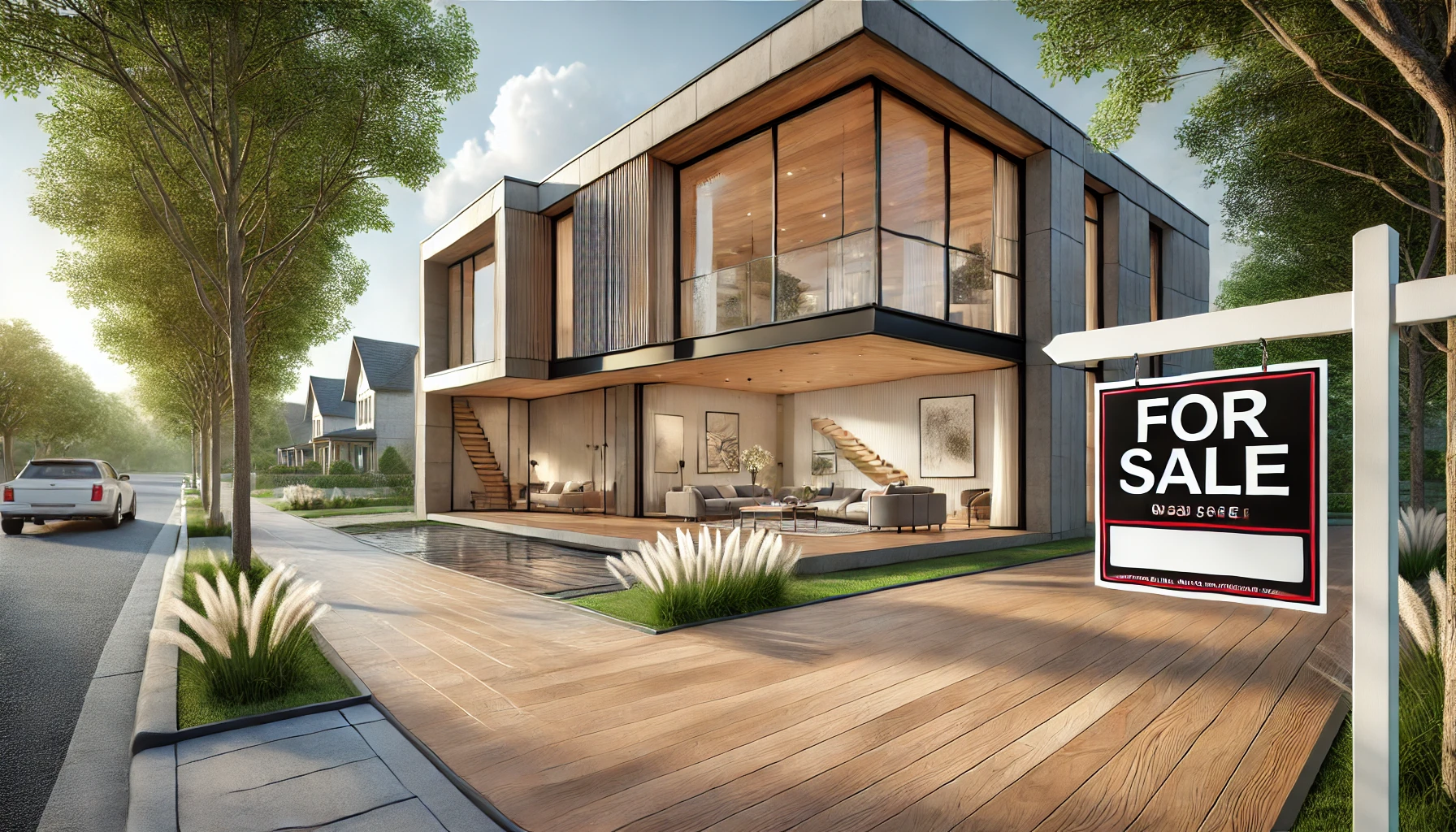 Modern two-story house for sale, featuring large windows, a welcoming porch, and landscaped surroundings. 