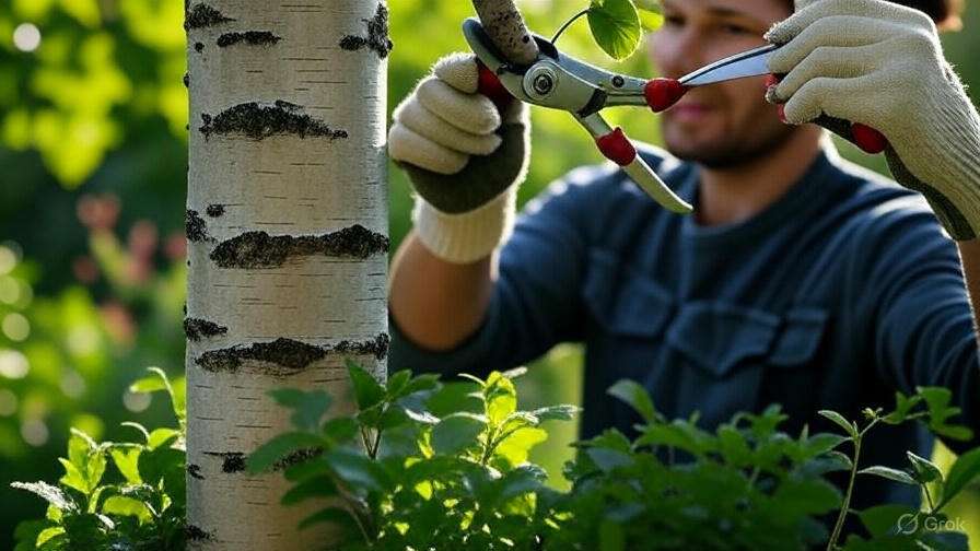 A person wearing gloves uses pruning shears to trim a birch tree, surrounded by vibrant green foliage in a garden setting.
