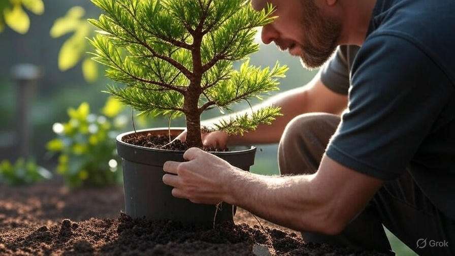 A person gently plants a small bonsai tree in a pot, surrounded by lush greenery and rich soil in a serene garden setting.