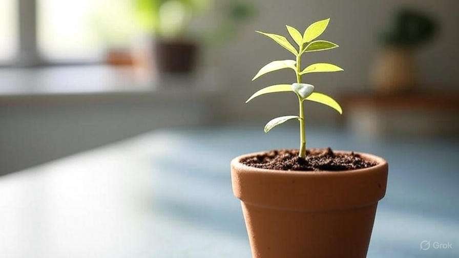 A small green plant with delicate leaves grows in a terracotta pot filled with dark soil, bathed in natural light.