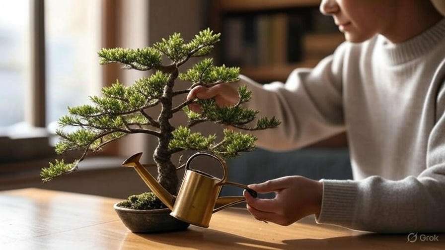 A person gently waters a bonsai tree with a small metal can, conveying a sense of calm and care. Sunlight filters in, highlighting the detailed leaves.