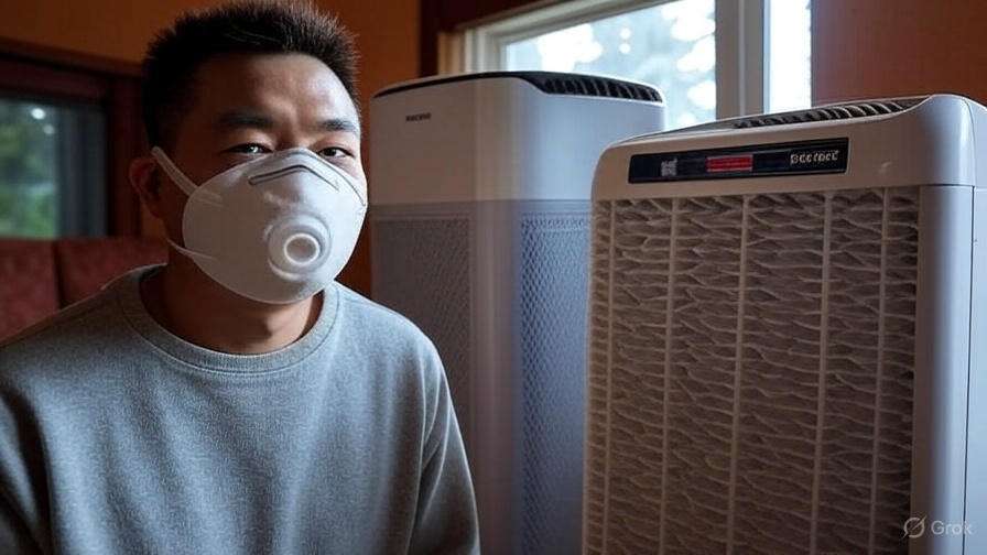 A person sits next to two air purifiers, with indoor lighting and a warm-toned background, emphasizing a cozy atmosphere.