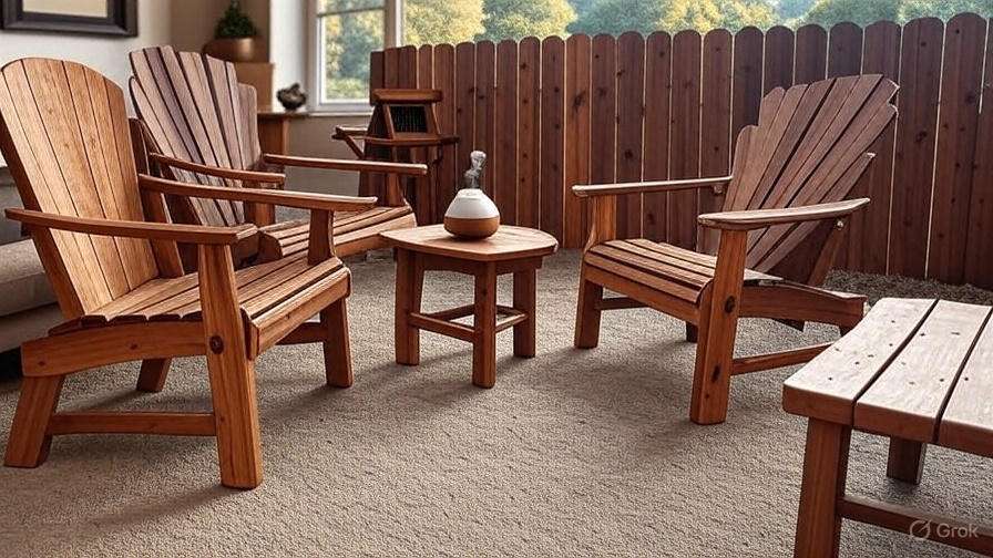 Wooden patio furniture set includes Adirondack chairs and a small table on a carpeted deck. A serene, cozy setting with a wooden fence backdrop.