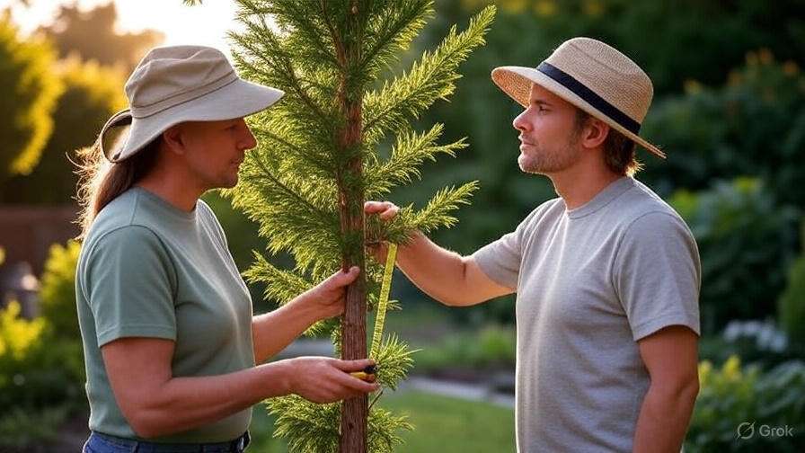 Two people, wearing hats, measuring a young tree with a tape measure in a garden setting. Sunlight filters through lush greenery, creating a serene atmosphere.