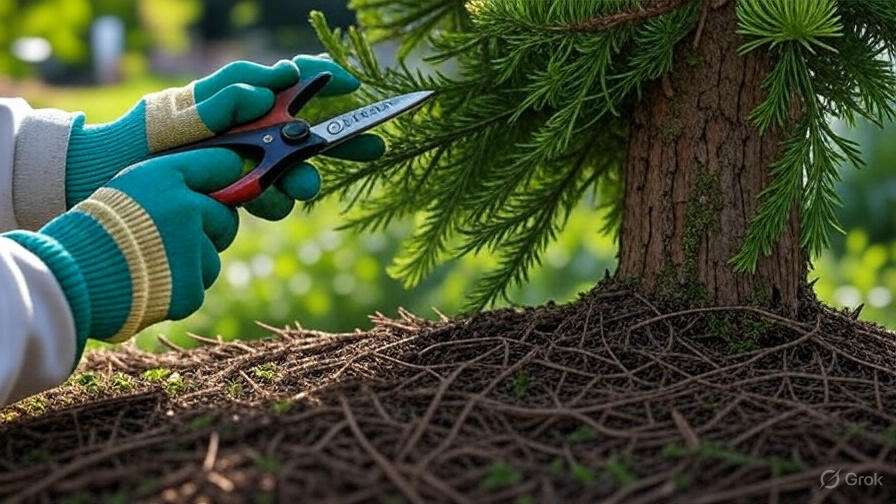 A gardener prunes a young conifer tree with garden shears, wearing green gloves while surrounded by lush greenery.