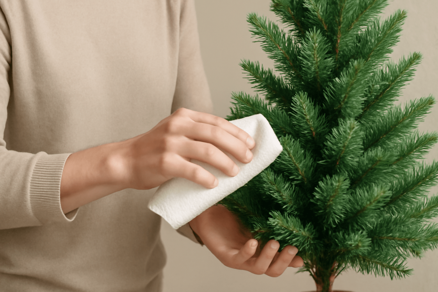 A person in a beige sweater gently wipes the branches of a small artificial Christmas tree with a white cloth, conveying a sense of care and preparation.