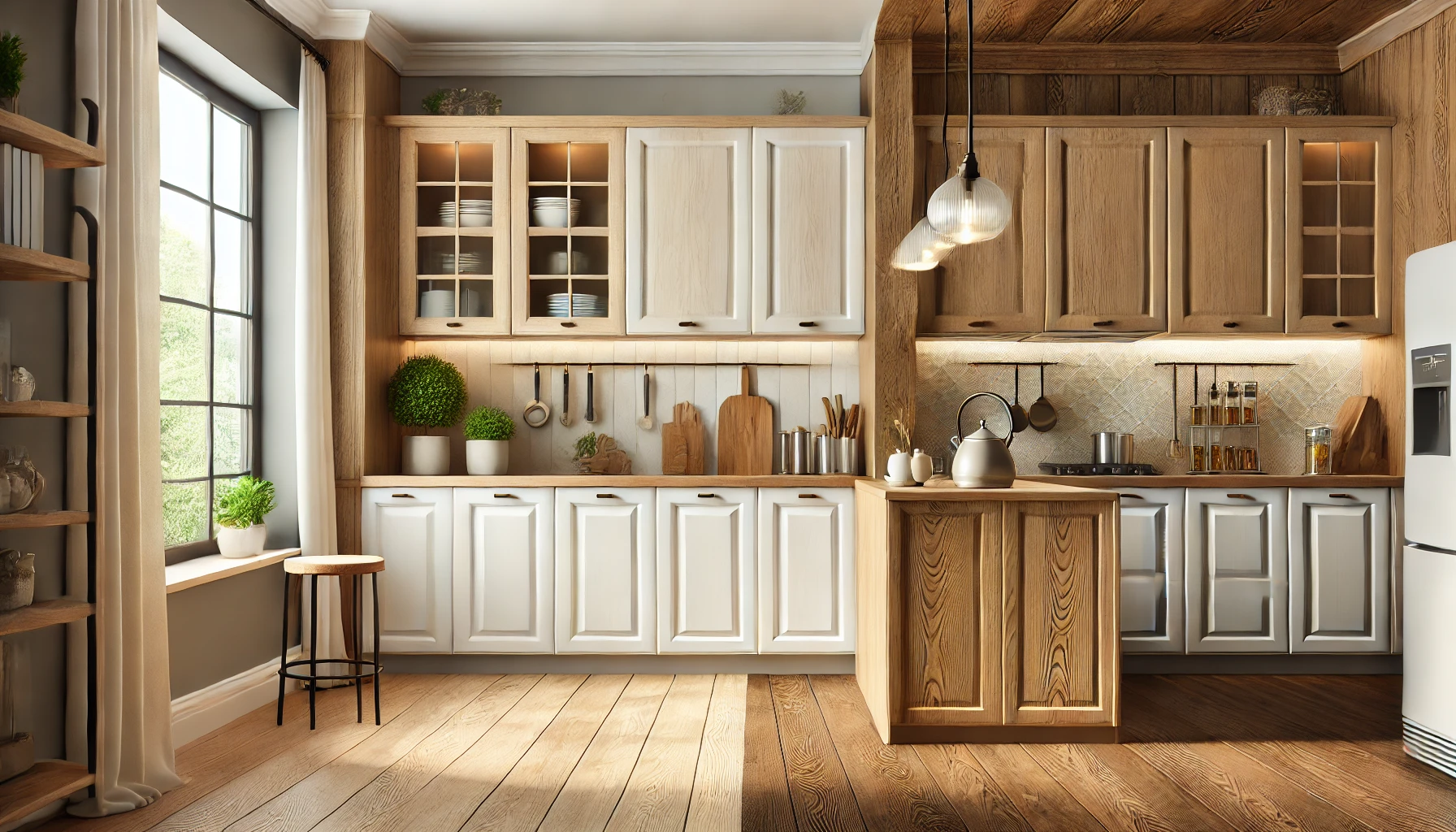 Modern kitchen featuring wood accents, white cabinetry, and natural light from a large window, complemented by tasteful decor.