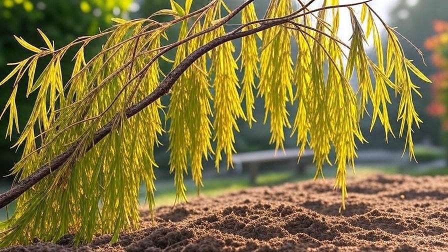 Branch with slender green leaves arching over soft soil in a sunlit garden. Background blurred, conveying a peaceful, natural setting.