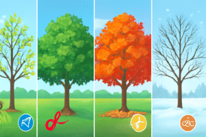 Four trees depict seasonal changes: spring's budding leaves, summer's green foliage, autumn's orange hues, and winter's bare branches.