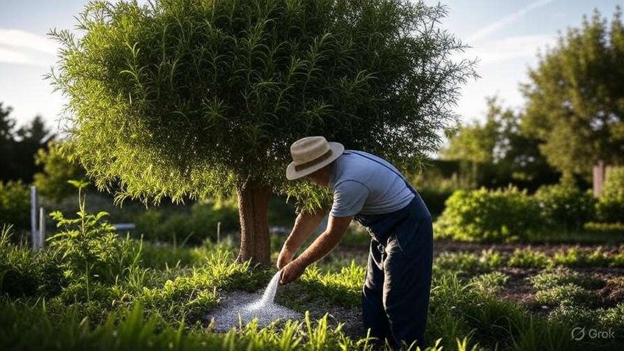 A farmer in a straw hat sprinkles fertilizer around a young tree in a lush green garden during a sunny day.