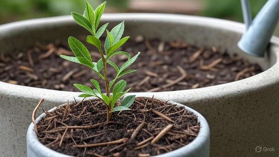 A young green plant grows in a pot filled with dark soil, next to another larger pot. A watering can suggests a nurturing environment.