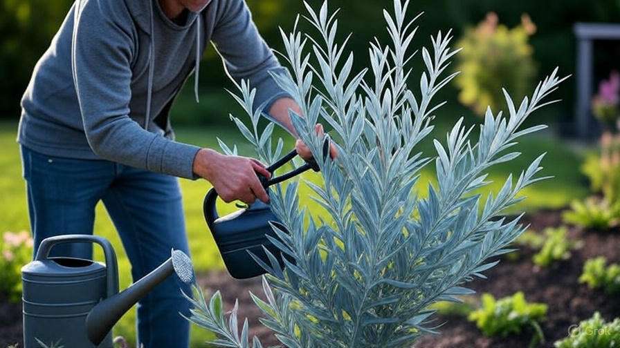 A person in a grey hoodie tends to a garden, watering a lush, silver-leafed plant on a sunny day. Two watering cans are visible, indicating care and growth.