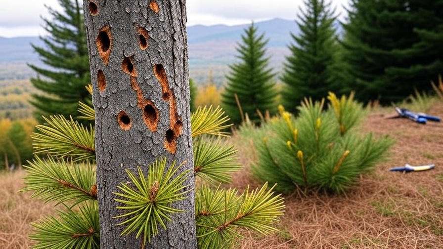 A close-up of a tree trunk with multiple holes, surrounded by lush green pines and a mountainous backdrop under a cloudy sky.