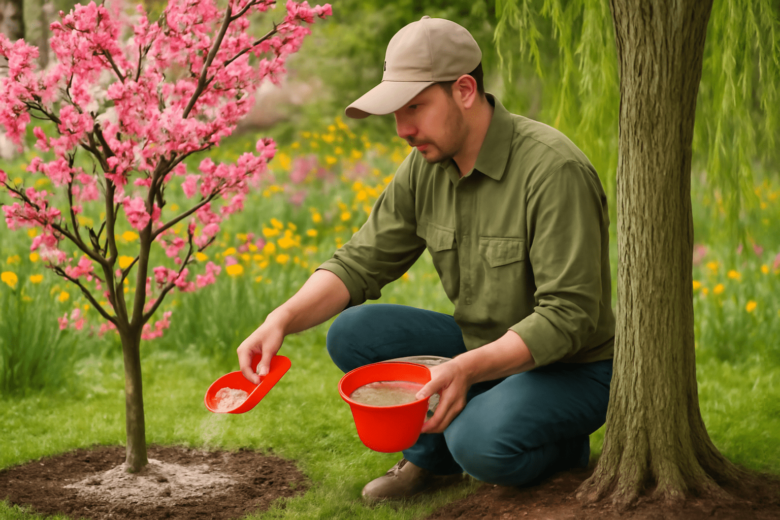 A man is planting a young tree in a garden, surrounded by soil and gardening tools